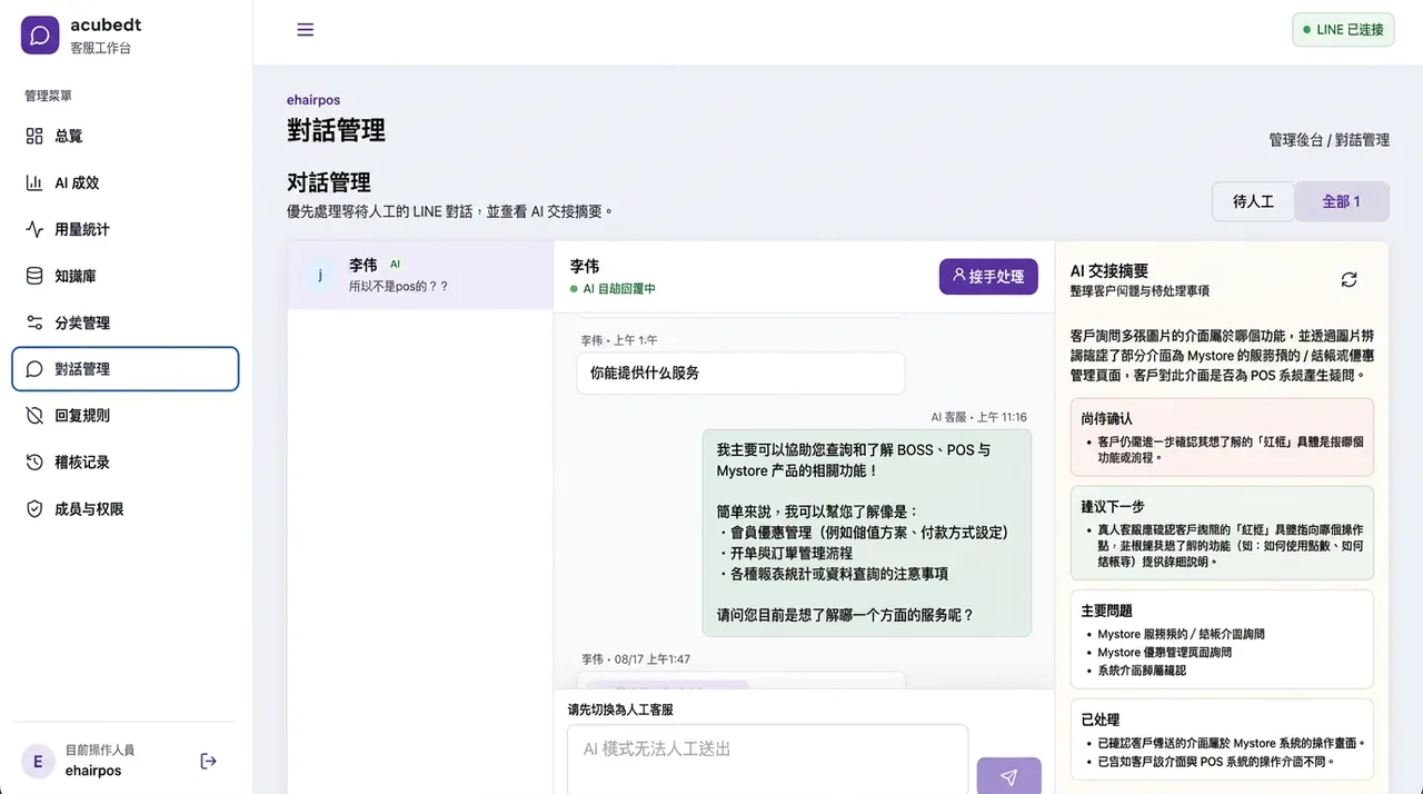 LINE AI 客服機器人自建平台－AI 與真人同一個工作台