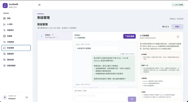 LINE AI 客服機器人自建平台－工作台・對話管理｜對話管理：完整保留 LINE 對話與 AI 回覆內容，一鍵接手處理，右側 AI 交接摘要整理主要問題、已處理與待確認事項（畫面 7/8） 縮圖