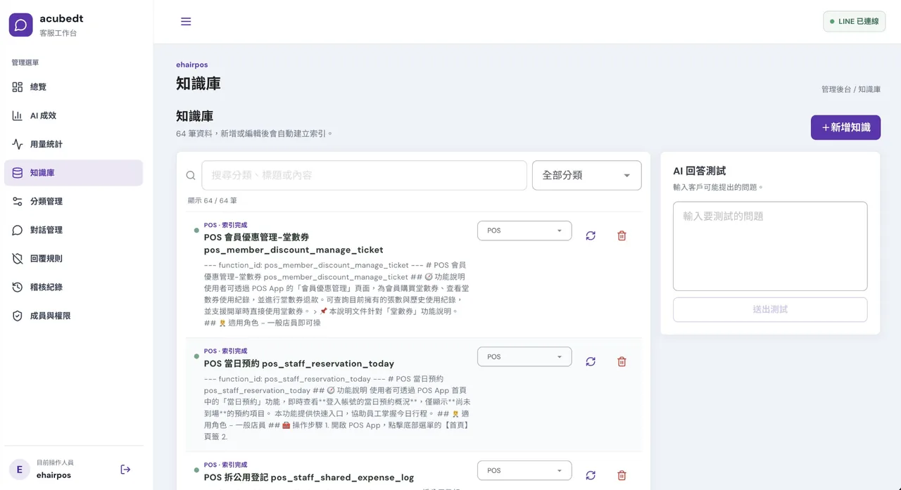 LINE AI 客服機器人自建平台－知識庫自動索引，附上線前試問