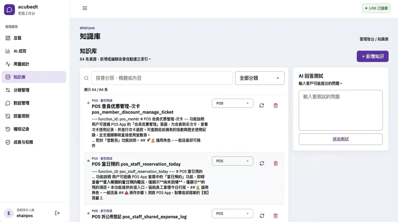 LINE AI 客服機器人自建平台－知識庫自動索引，附上線前試問