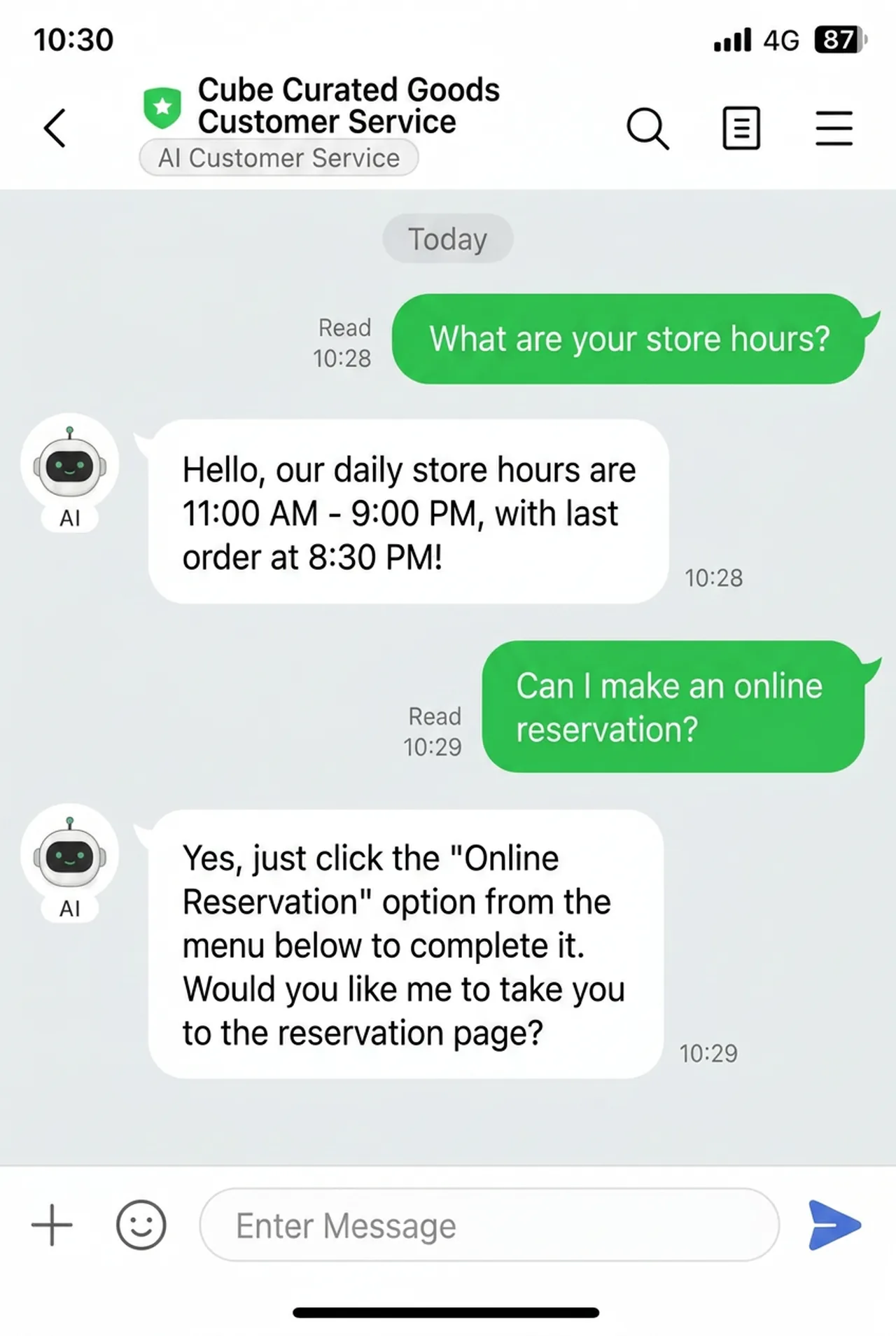 LINE AI 客服機器人自建平台|ACubeDT 案例實績 LINE AI 客服機器人自建平台-客人在 LINE 官方帳號提問,AI 客服依知識庫即時回覆營業時間與訂位方式,語氣與真人客服一致(示意圖)