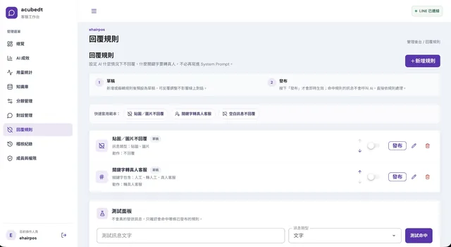 LINE AI 客服機器人自建平台－設定・回覆規則｜回覆規則：以模組取代純文字指令，快速套用「貼圖／圖片不回覆」「關鍵字轉真人客服」「空白訊息不回覆」，支援草稿、發布與優先順序（畫面 6/8） 縮圖