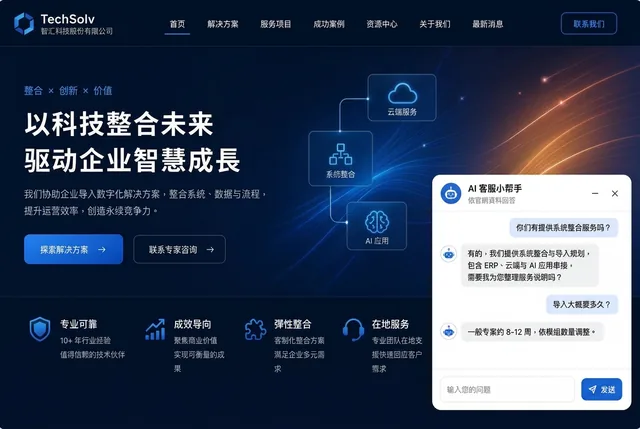 LINE AI 客服機器人自建平台－客戶端・官網小幫手｜同一組知識庫可嵌入形象官網右下角，訪客不用離開頁面即可問服務內容與導入時程（示意圖）（畫面 2/8） 縮圖