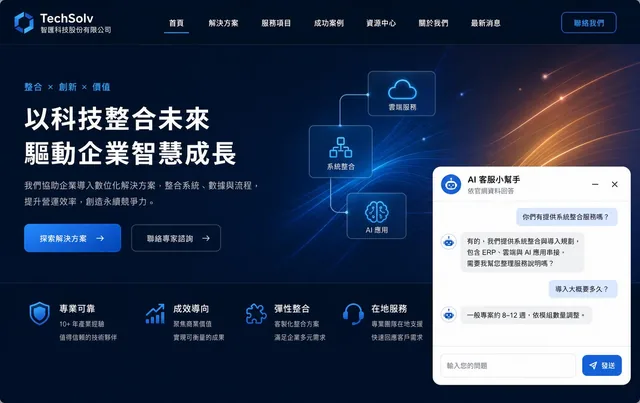 LINE AI 客服機器人自建平台－客戶端・官網小幫手｜同一組知識庫可嵌入形象官網右下角，訪客不用離開頁面即可問服務內容與導入時程（示意圖）（畫面 2/8） 縮圖