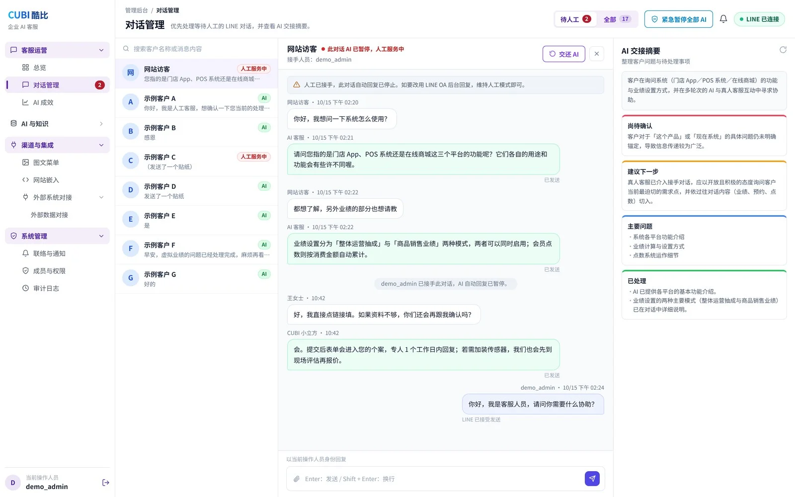 CUBI 酷比企業 AI 大腦的自然語言問答與 KPI 分析畫面