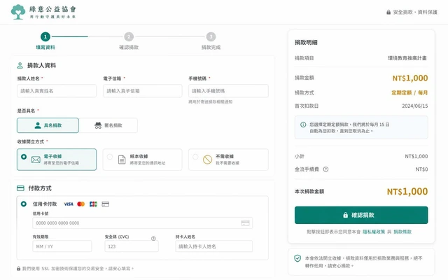 公益募款線上捐款平台建置－前台・捐款結帳流程｜前台捐款流程：資料填寫與收據選項：捐款流程以三步驟指引完成：填寫捐款人資料、選擇具名或匿名、指定電子／紙本收據或不需收據，並於右側同步顯示捐款明細與定期定額扣款日，降低中途放棄率。（畫面 3/4） 縮圖