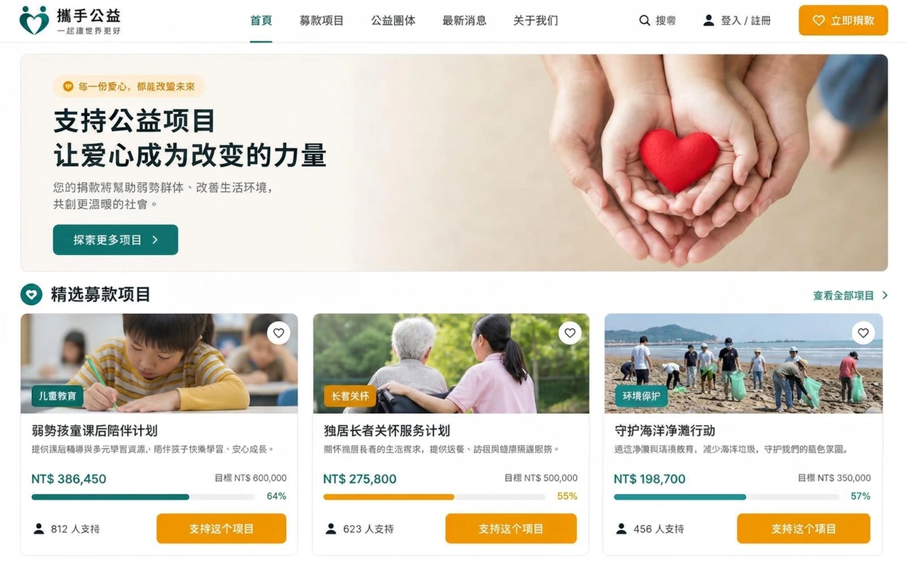 公益募款線上捐款平台建置|ACubeDT 案例實績 公益募款線上捐款平台建置-首頁以專案卡呈現目標金額、即時進度與支持人數