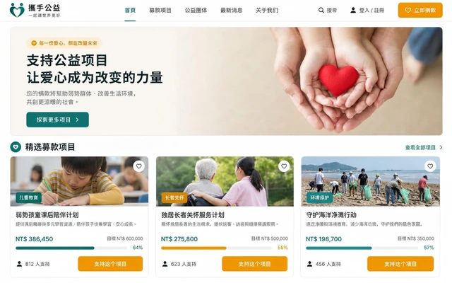 公益募款線上捐款平台建置－前台・募款專案牆｜前台首頁：精選募款專案牆：前台首頁以主視覺訴求搭配精選專案卡，每張卡片顯示分類標籤、募得金額與目標金額、達成率進度條與支持人數，訪客不需進入內頁即可比較專案並直接點選支持。（畫面 1/4） 縮圖