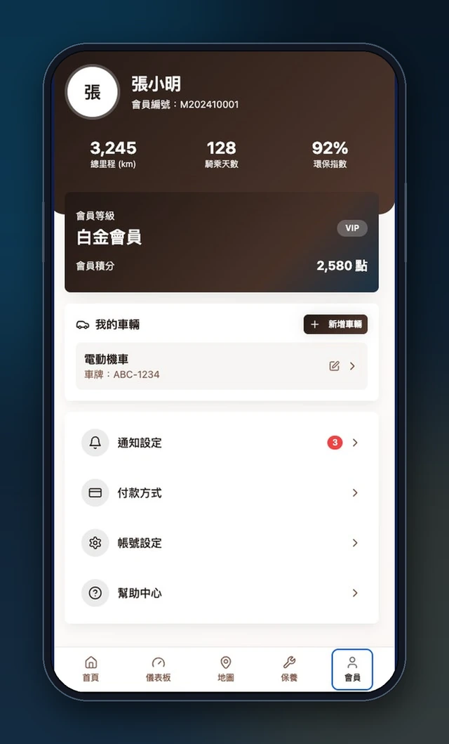 電動二輪車物聯網營運平台與會員 App－資費方案、用量與帳單自助管理（畫面 5/15） 縮圖