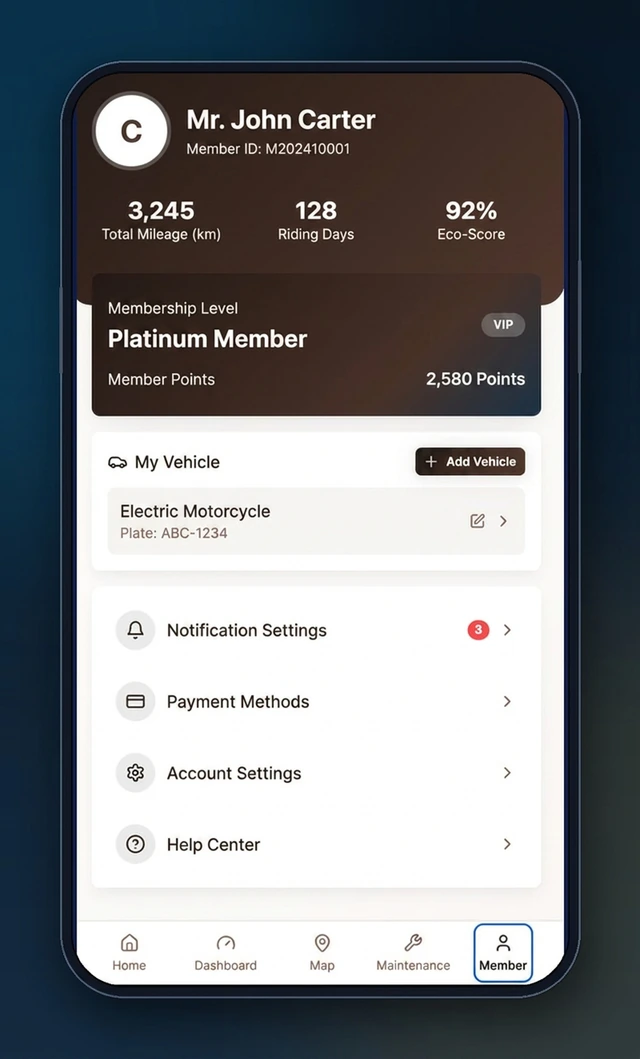 電動二輪車物聯網營運平台與會員 App－資費方案、用量與帳單自助管理（畫面 5/15） 縮圖