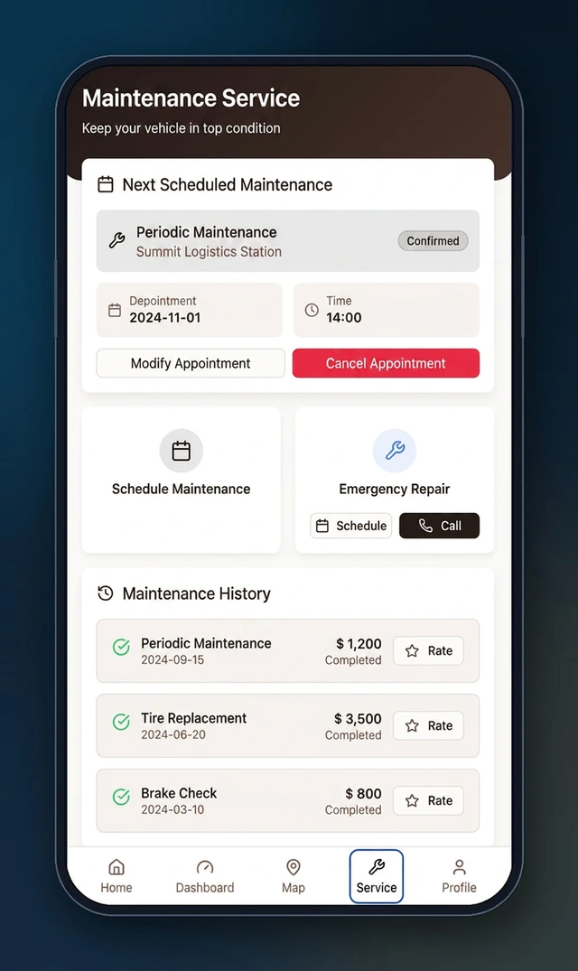 電動二輪車物聯網營運平台與會員 App－保養服務：線上預約、緊急維修與保養紀錄（畫面 4/15） 縮圖
