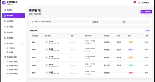 電動二輪車物聯網營運平台與會員 App－預約管理：客戶、車輛、時段與技師派工一覽（畫面 10/15） 縮圖