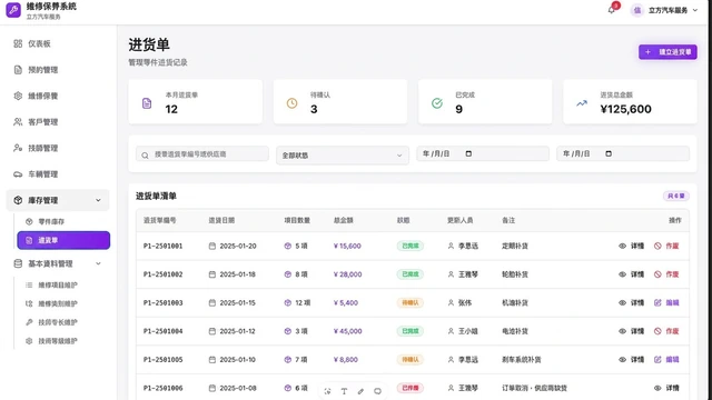電動二輪車物聯網營運平台與會員 App－進貨單：零件補貨紀錄、狀態與進貨金額統計（畫面 15/15） 縮圖