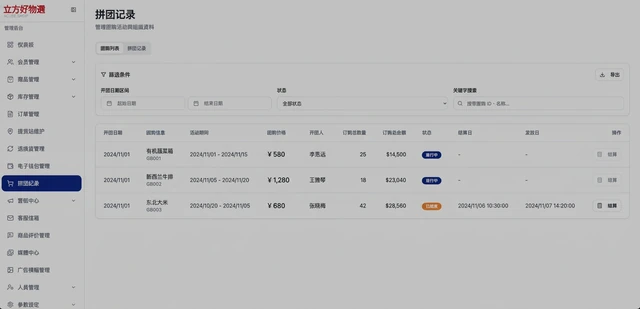 集團團購與線上超市平台建置－揪團紀錄：開團進度、訂購總額與結算發放管理（畫面 6/15） 縮圖
