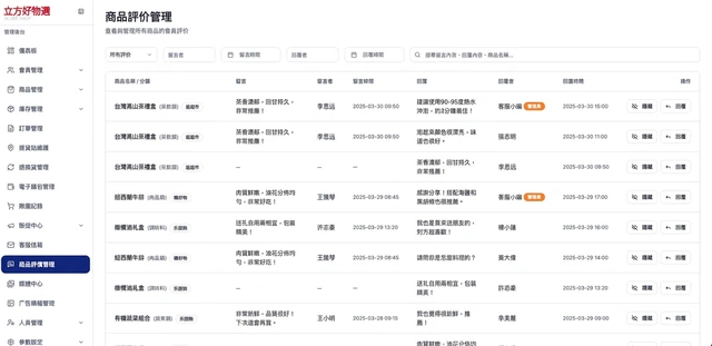集團團購與線上超市平台建置－商品評價管理：留言、回覆與隱藏控管（畫面 12/15） 縮圖